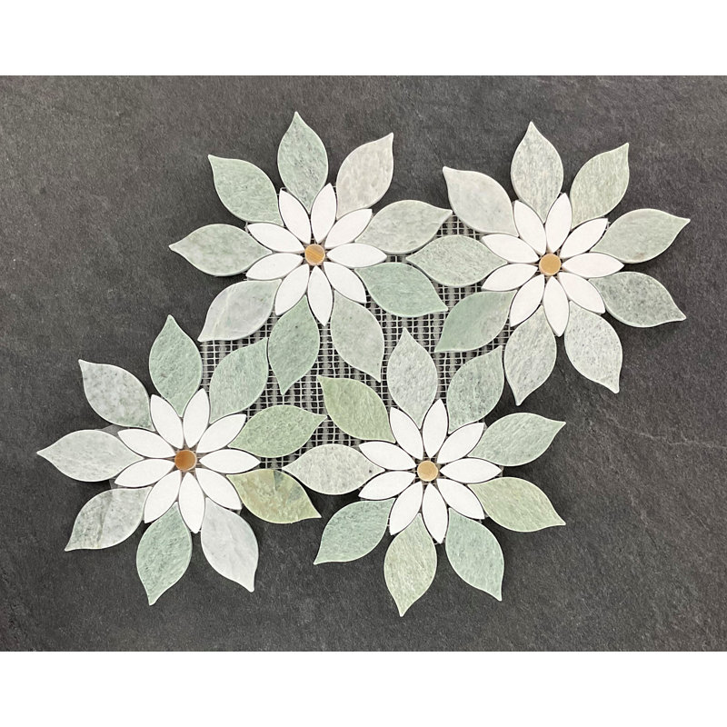 8.5" x 8.5" Ming Green Large Daisy Flower Pattern Marble Mosaic Wall & Floor Tile
