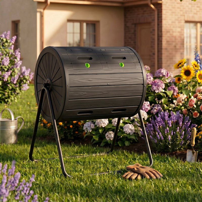 Gobelet rotatif à compost à deux chambres 37,5 gallons, conception à grain de bois avec support en acier - résistant aux intempéries pour patio de jardin