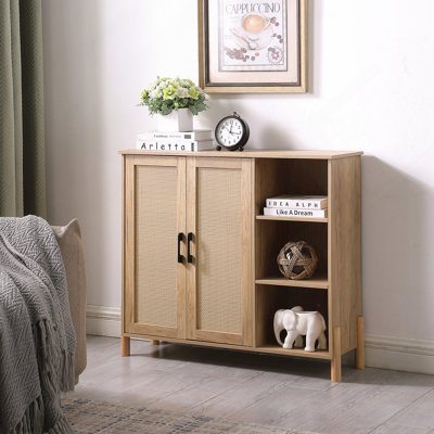 Mid-Century Modern Storage Cabinet With Woven Rattan Doors, Open Shelves & Adjustable Shelves - Perfect For Living Room & Dining Room