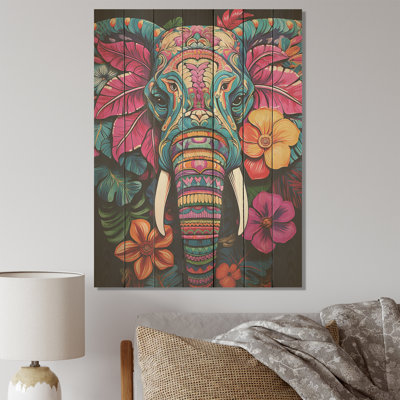 Éléphant de jungle bleu et rose - éléphant animal sur bois