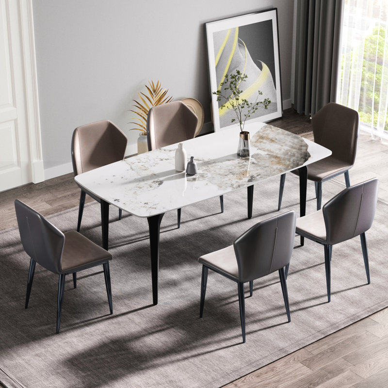 Table en pierre frittée blanche de 72,8 po avec structure métallique stable, pouvant accueillir de 6 à 8 personnes modernes - pieds, s'adapte aux gens, facile à nettoyer et à entretenir, surface