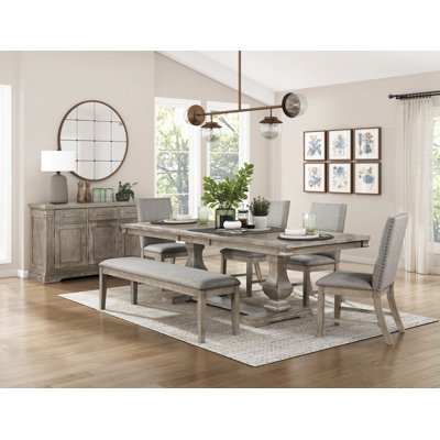 Hewitt 76.5"–94.5" Extendable Dining Table – Double Pedestal Base · Transitional · Wire-Brushed Gray