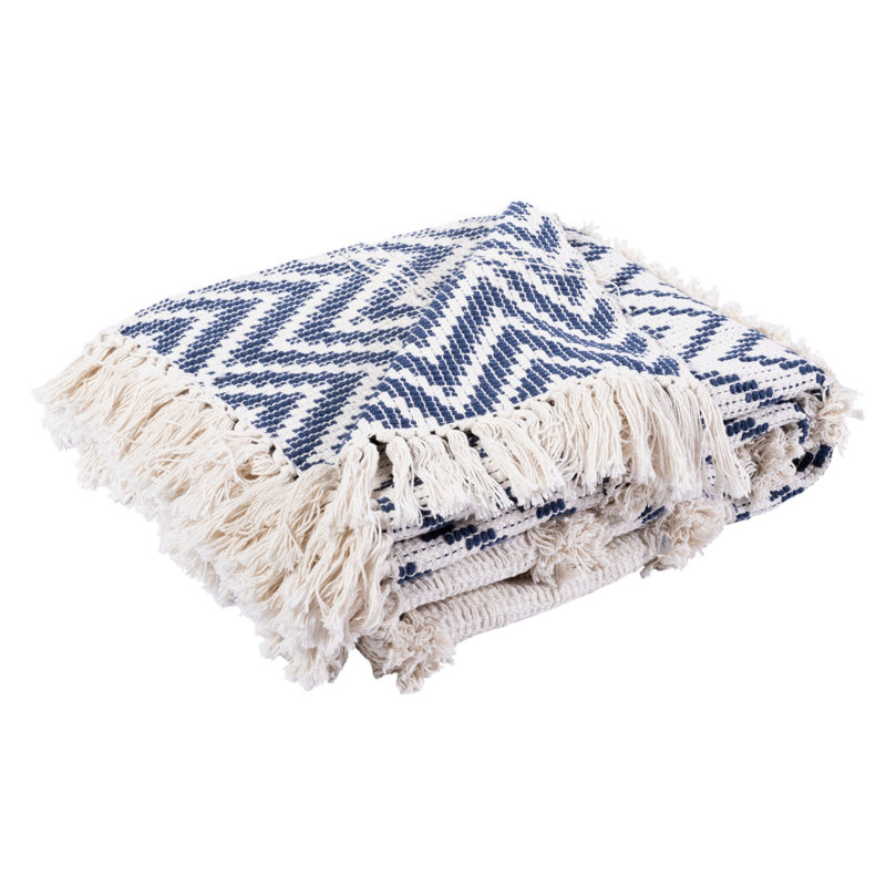 Theanna Blue Chevron Cotton Throw Blanket with Fringe