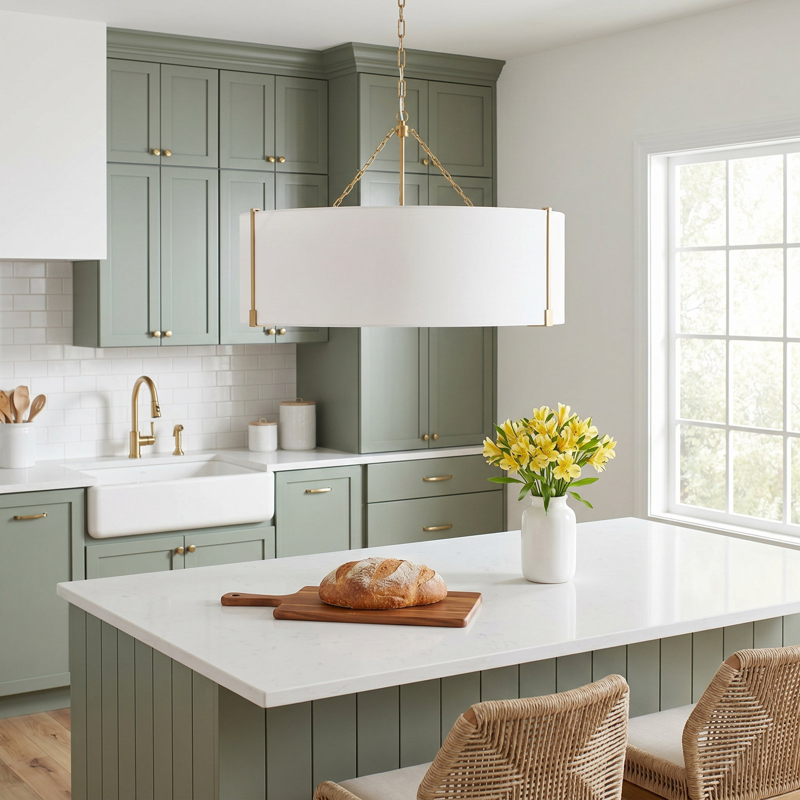 Dimmable Linen 4-Light Pendant, Burnished Brass