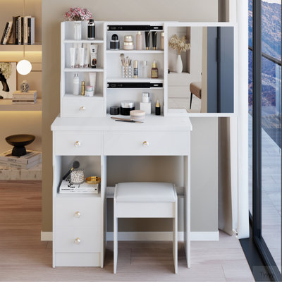 29.2" Small Space Left Drawer Desktop Vanity Table + Cushioned Stool, Extra Large Right Sliding Mirror, Multi Layer High Capacity Storage, Practical Fashionable Dresser, Suitable For Small Space