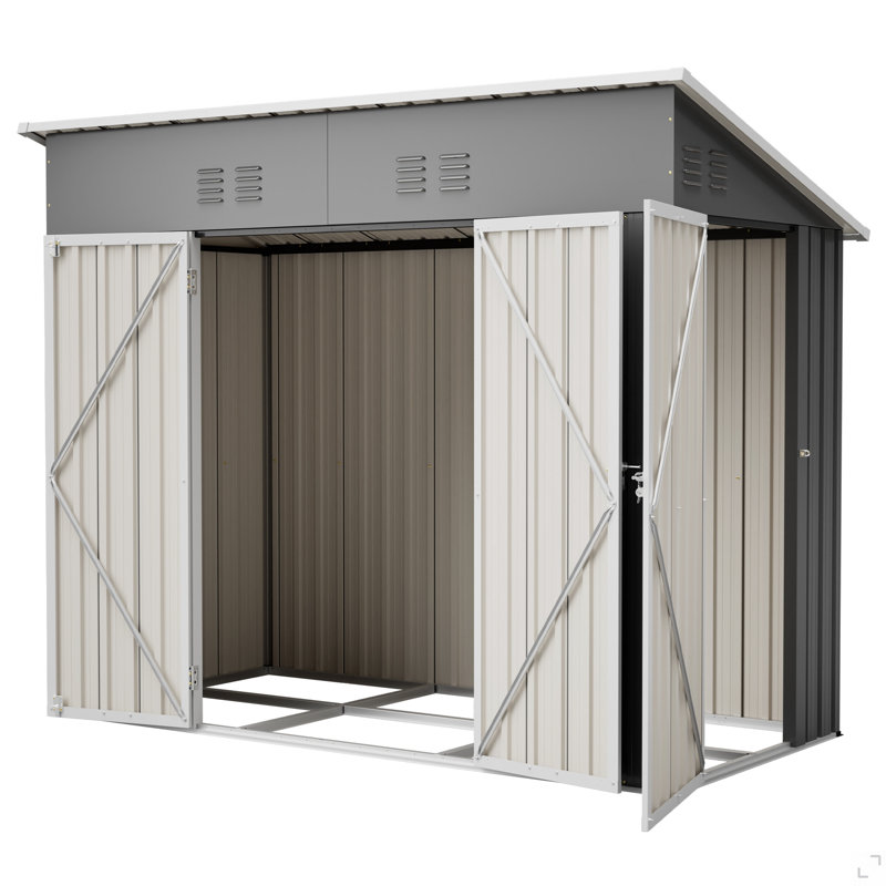 Remise de rangement renforcée à toit incliné 4 x 8 avec toit incliné résistant aux intempéries et 4 bouches d'aération, structure en métal robuste robuste, porte optionnelle gauche / droite, entrepôt de remise à outils pour l'extérieur