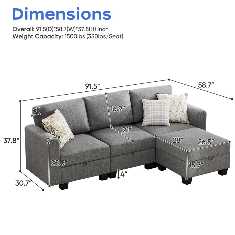 Canapé modulaire rembourré 4 pièces Ilyes, Lin gris