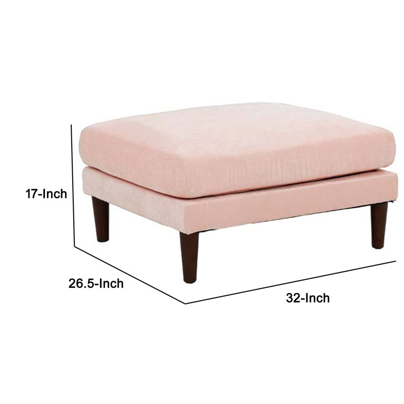 Emily 32 Inch Modular Ottoman, Box Cushion Seat, Wood Legs, Blush Pink Polyester Blend