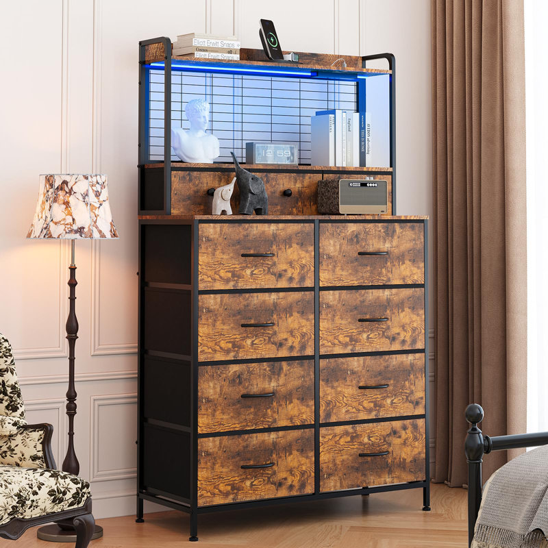 11 Drawer Fabric Dresser with Charging Station, Wireless Charger & RGB LED Lights Storage Organizer, Brown