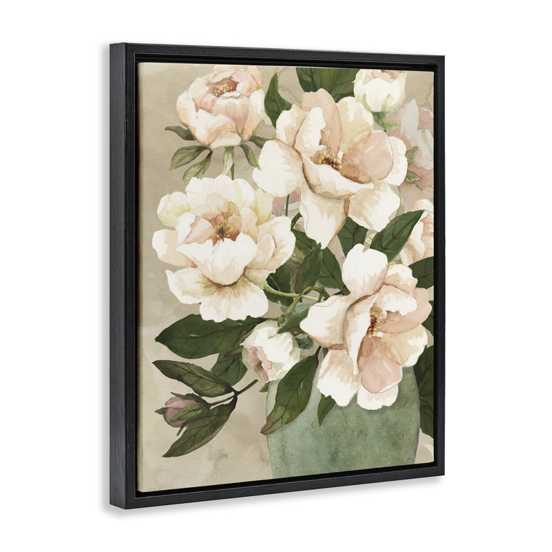 Bouquet de roses rosées, Cadre flottant noir de jais, H 21 po x l 17 po