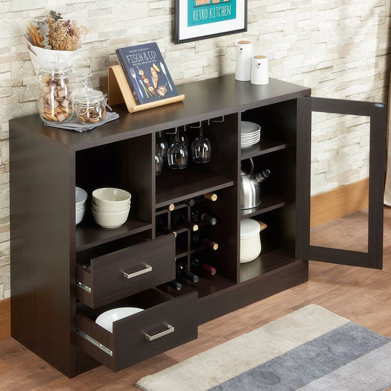 Espresso Wood Server with Glass Door and Wine Rack