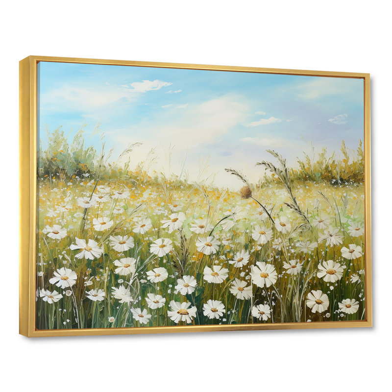 Champ de fleurs marguerites au soleil, H 34 po x l 44 po x P 1,5 po, Cadre flottant doré