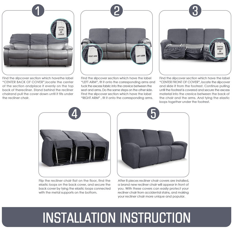 Housses de canapé inclinable 8 pièces pour canapé 3 places, protecteur de meubles, Mélange de polyester gris