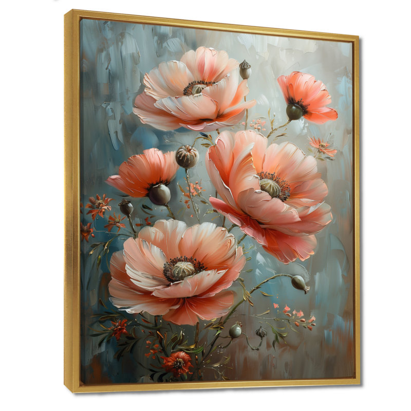 Charm rose nature morte coquelicots gris I - coquelicots décoration murale, Toile avec cadre flottant or