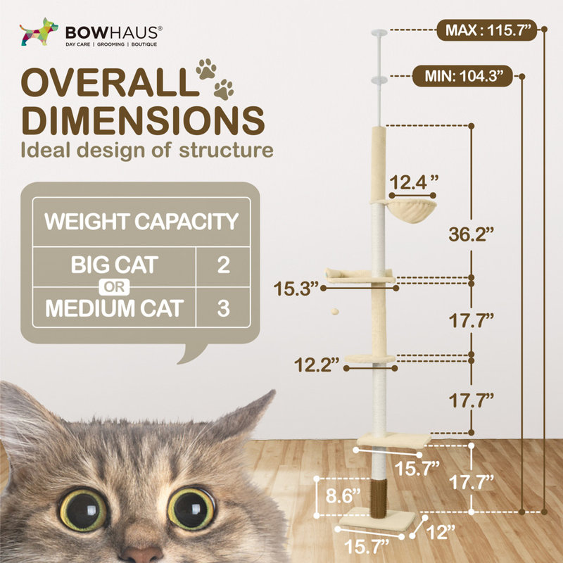 Arbre à chat à hauteur réglable du sol au plafond de 104 po à 115 po, beige, Beige