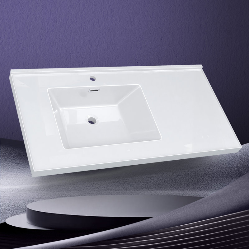 Left Offset 42"  Single Bathroom Vanity Top In White Countertop With Solid Surface Sink Basin