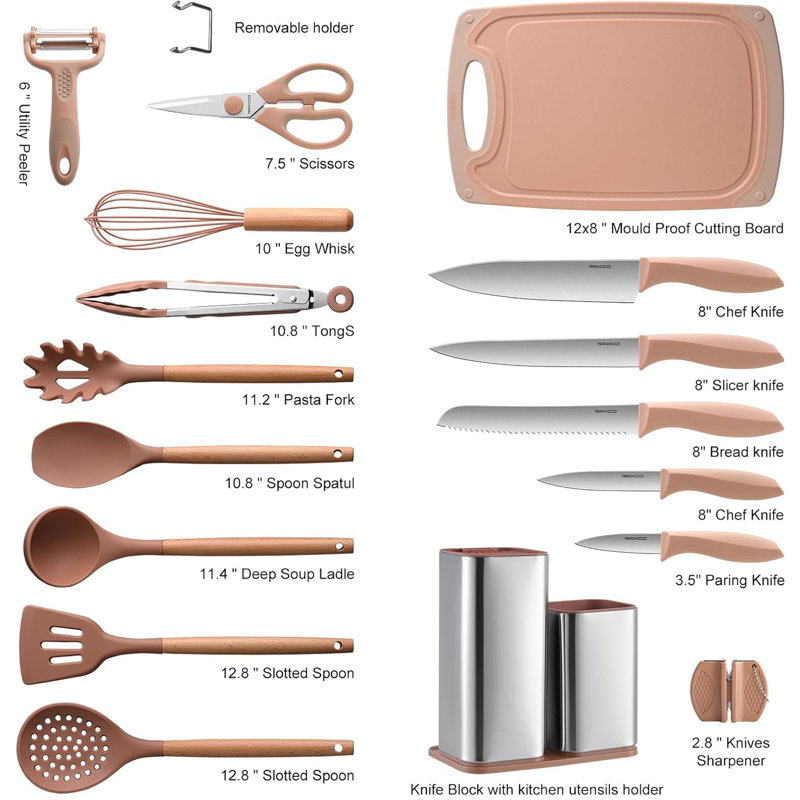 Ensemble de 17 ustensiles de cuisine en silicone, comprenant un ensemble d'ustensiles et de couteaux, mousse