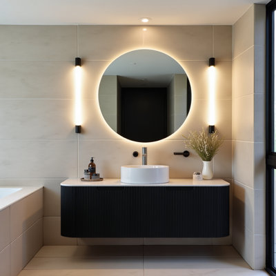 48" Bathroom Vanity With Sink, Wall-mounted Floating Curved Edges Striped Bathroom Storage Cabinet With 2 Drawers, White Round Ceramic Basin, No Faucet, Pre-assembled, Black Color