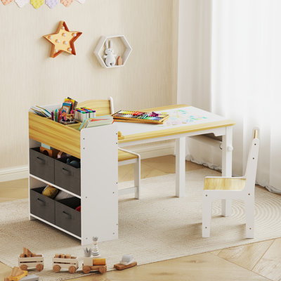 Kids Desk and Chair Set with Paper Roll, Kids Art Table and Chairs Set with Storage Shelves and Drawers, Activity Craft Table for Writing Drawing Aged by Latitude Run