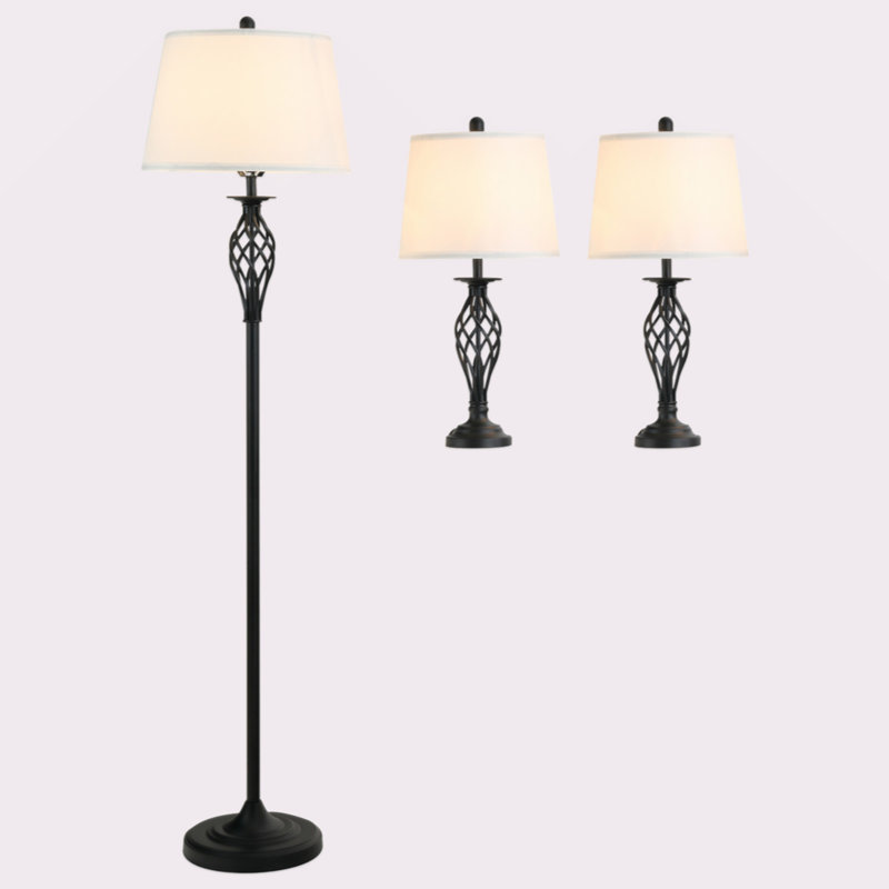 HOMCOM 3 Piece Table Floor Lamp Set With Metal Pole, Round Base, And Fabric Lampshade, For Living Room, Black/White