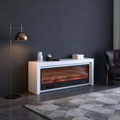 Meuble télé avec foyer italien minimaliste blanc / gris / noir optionnel, plateau en bois massif de chêne et en pierre frittée, conception encastrée avec chauffage à flamme simulée