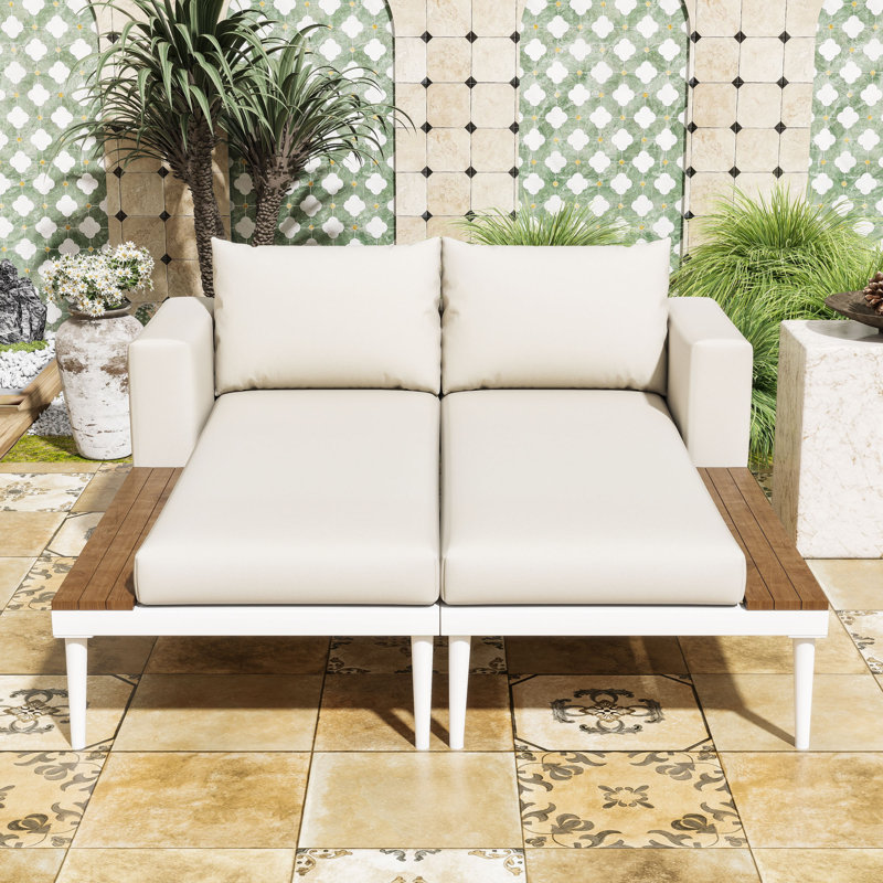Lit de jour d'extérieur convertible pour patio avec repose-pieds réglables, coussins lavables et espace latéral, Beige