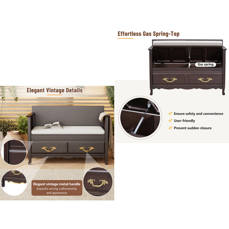 Shoe Bench With Removable Cushion, Espresso Wood