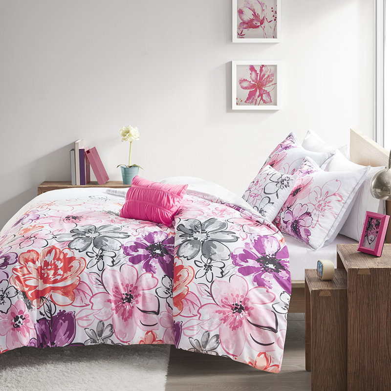 Édredon rose pour lit double / grand avec motif floral asymétrique et garniture lavable