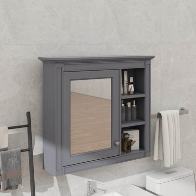 Armoire de salle de bain murale avec miroir, armoire à pharmacie 30 po x 28 po avec porte en miroir, armoire à miroir murale avec trois tablettes ouvertes