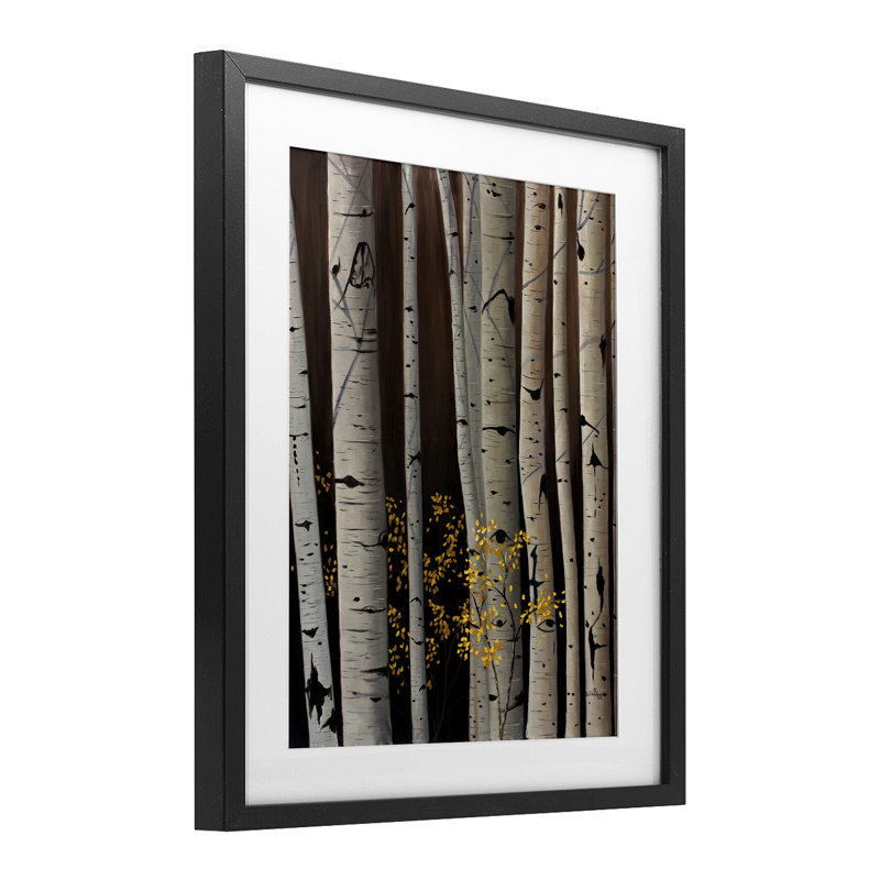 «Autumnal Birch Tree Trunks», reproduction sous verre encadrée, conception par Julie Peterson, Cadre noir minuit