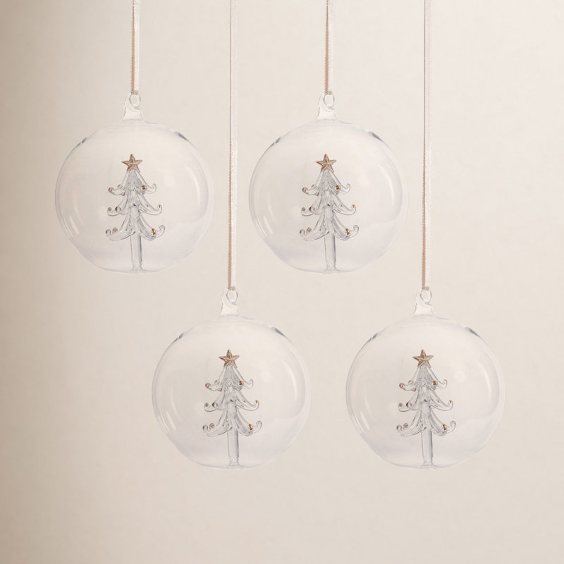 Ornements de boule en verre transparent avec motif d'arbre de Noël, H 4,75 po x l 4,75 po x P 4,75 po ,  Ensemble de 4