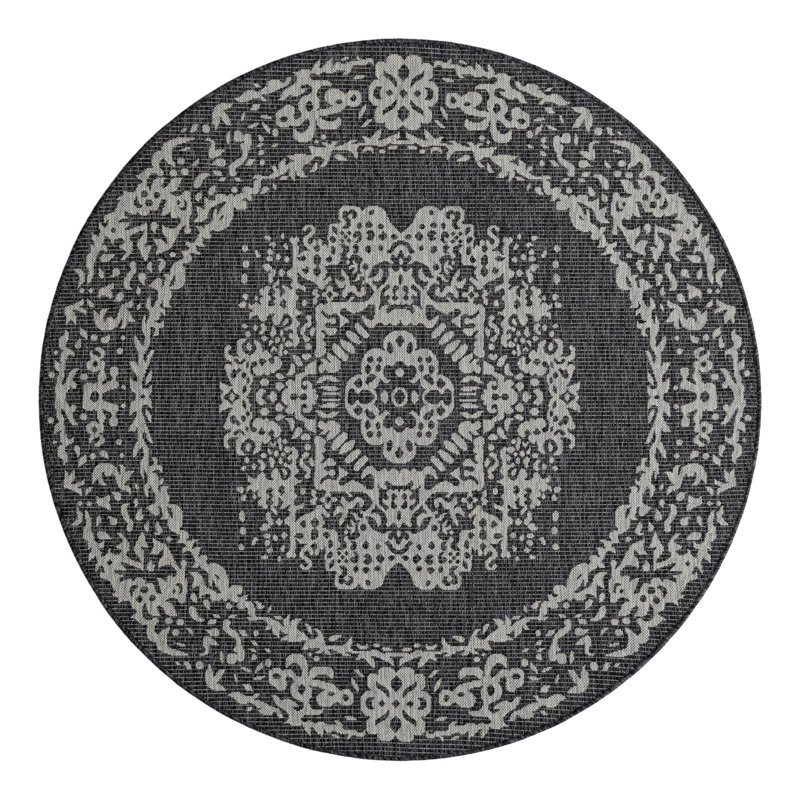 Cowart Oriental Charcoal Gray Area Rug, Round 6'1"