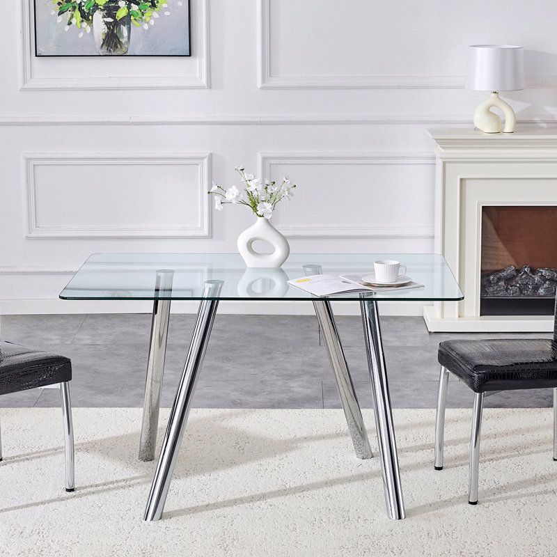 Table de salle à manger 51 pouces avec plateau en verre trempé et pieds robustes en métal, Argent argent
