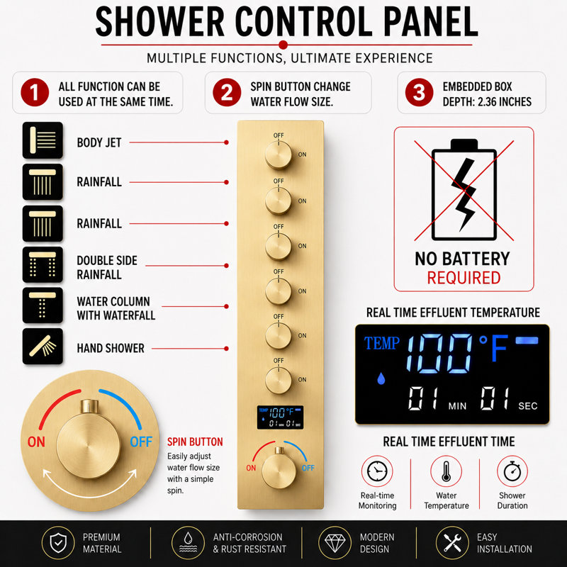 Complete Shower System with Rough in-Valve, Brushed Gold