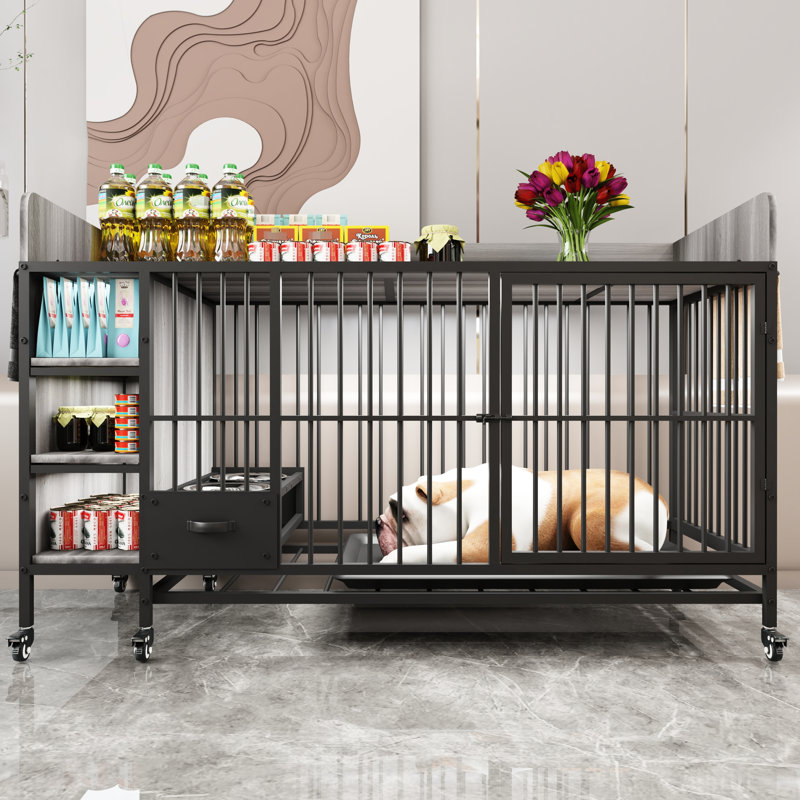Grande cage pour animaux avec rampe et tiroir d'alimentation: support en fer, 56,72 po Profondeur, 23,15 de largeur, 33,56 de hauteur, noir et gris anthracite