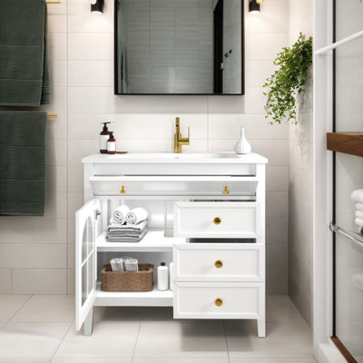 Meuble-lavabo de salle de bain 35,6 po avec lavabo, meuble-lavabo autoportant avec 1 tiroir rabattable, 2 tiroirs et 1 armoire, tablette réglable, verre à motif, bande lumineuse à capteur de mouvement