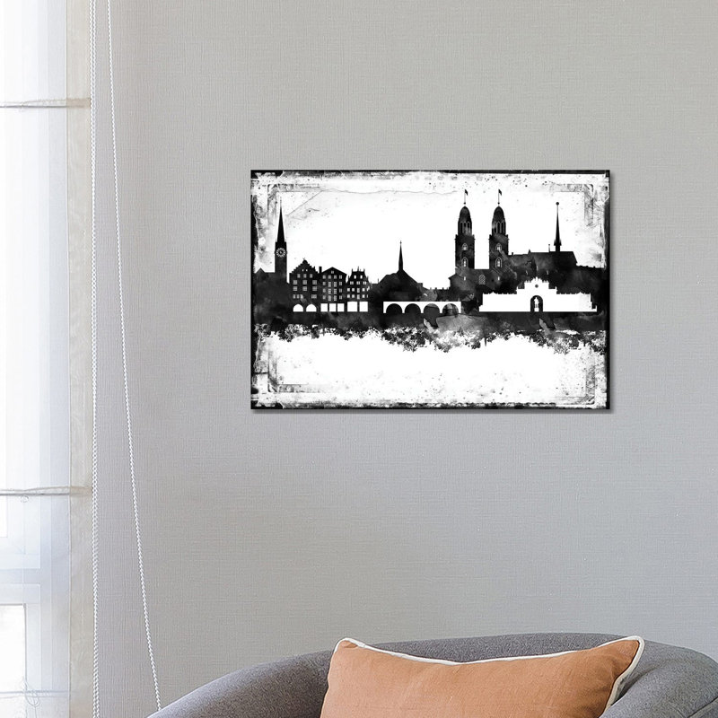 Zurich Black And White Skyline by WallDecorAddict - Wrapped Canvas Print, 45.72cm H x 66.04cm W x 1.905cm D