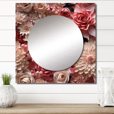Rose et blanc, dentelle romantique chuchotant des fleurs - grand miroir carré floral pour décoration murale