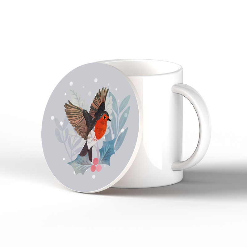 Festive Robin Landing Christmas Ceramic Round Coaster