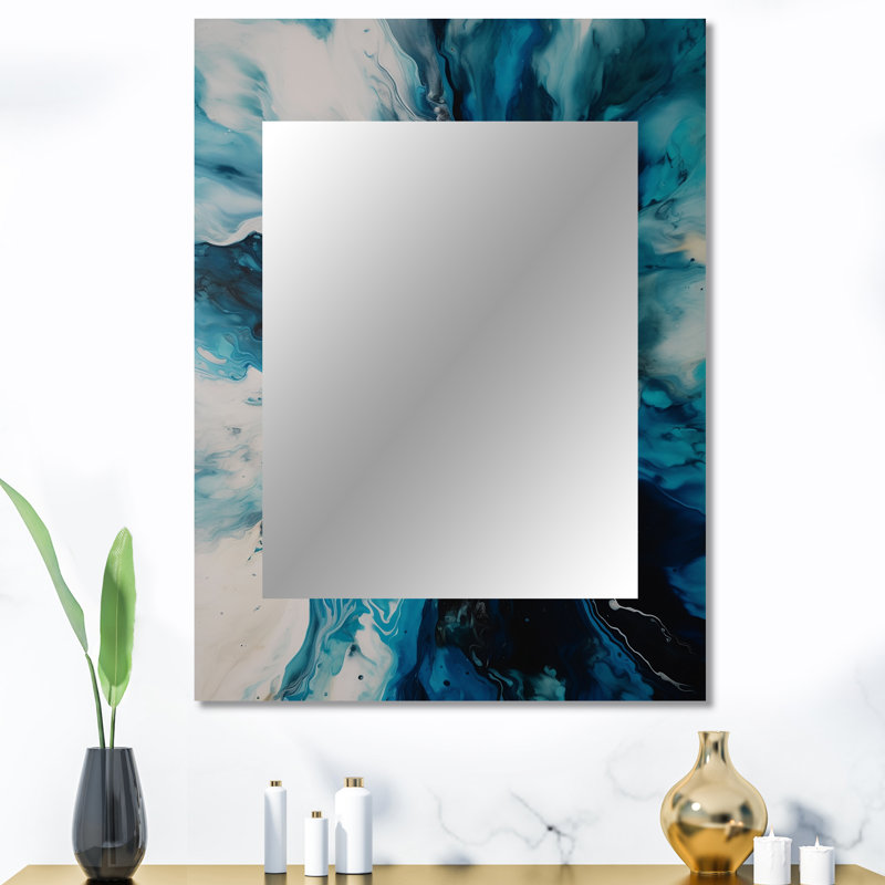 Sarcelle et noir aqueux fantaisie II - miroir mural décoratif abstrait, miroir bleu sarcelle, art imprimé en métal