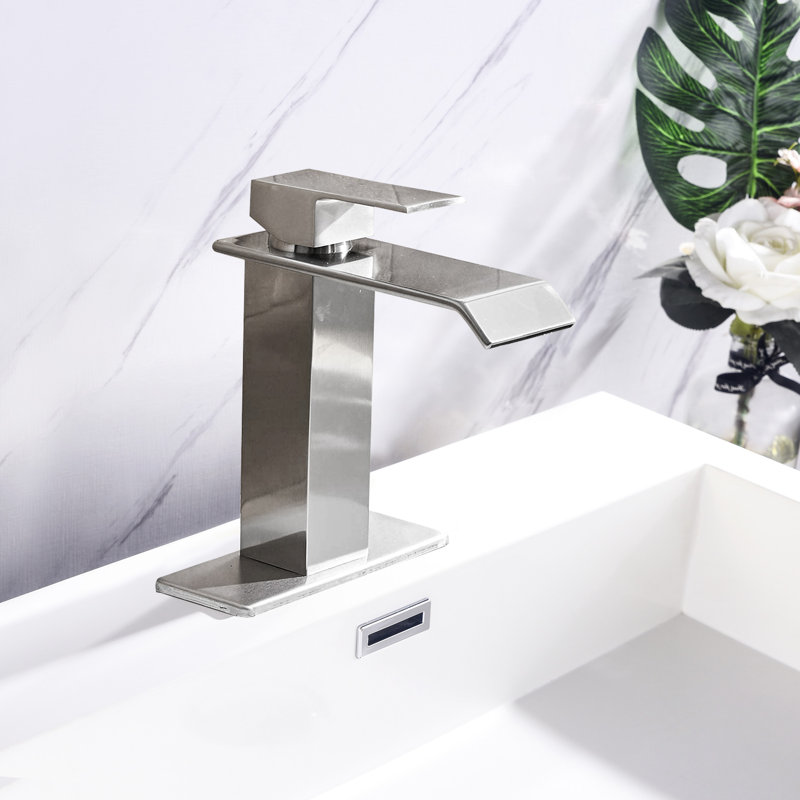 Stainless Steel Bathroom Faucet Featuring Waterfall Spout And Single Handle Operation Modern With Design, Stainless Steel