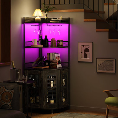 Bar d'angle avec lumières DEL et prise de courant - rangement à vin à 5 niveaux, bar à café et tablette de présentation