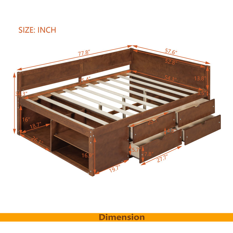 Daybed With Drawers And Shelves, Walnut, Full / Double