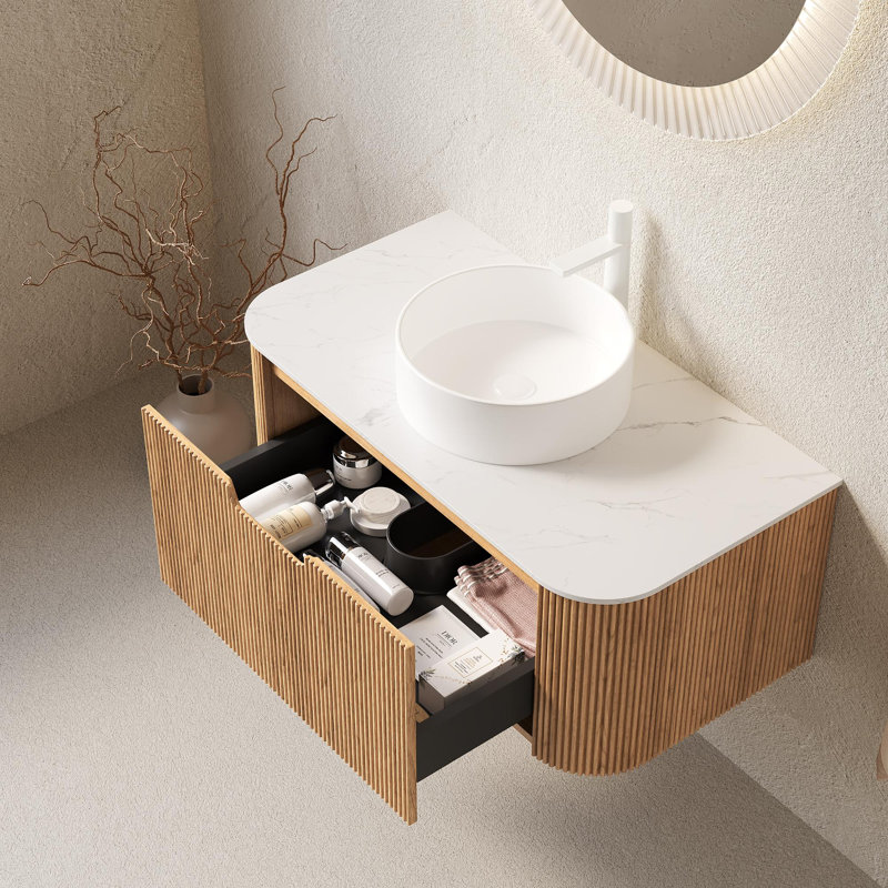 Meuble-lavabo de salle de bain avec plateau en pierre frittée, Bois naturel, 36", Blanc