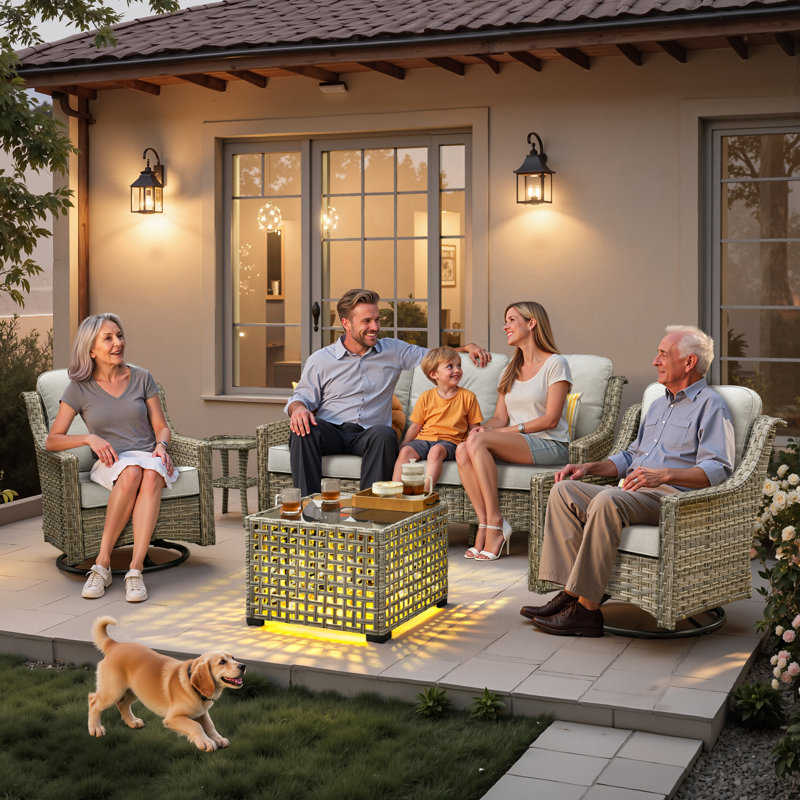 Harper 6 - Person Outdoor Seating Group with Cushions and Solar Powered Coffee Table, Light Gray