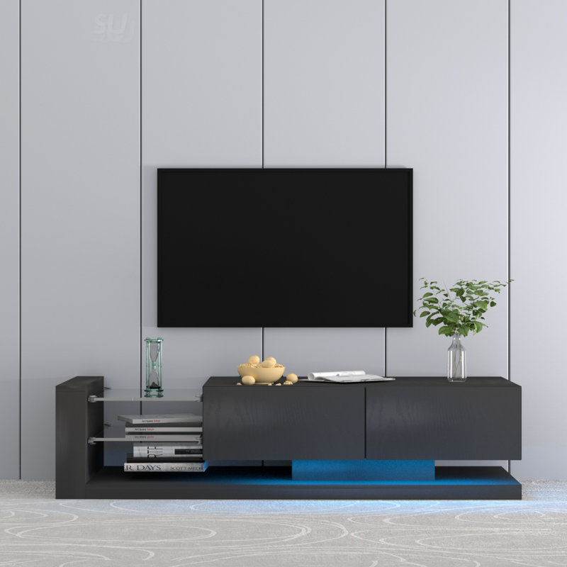 Console télé avec armoires de rangement, meuble télé à DEL 16 lumières changeantes, Noir