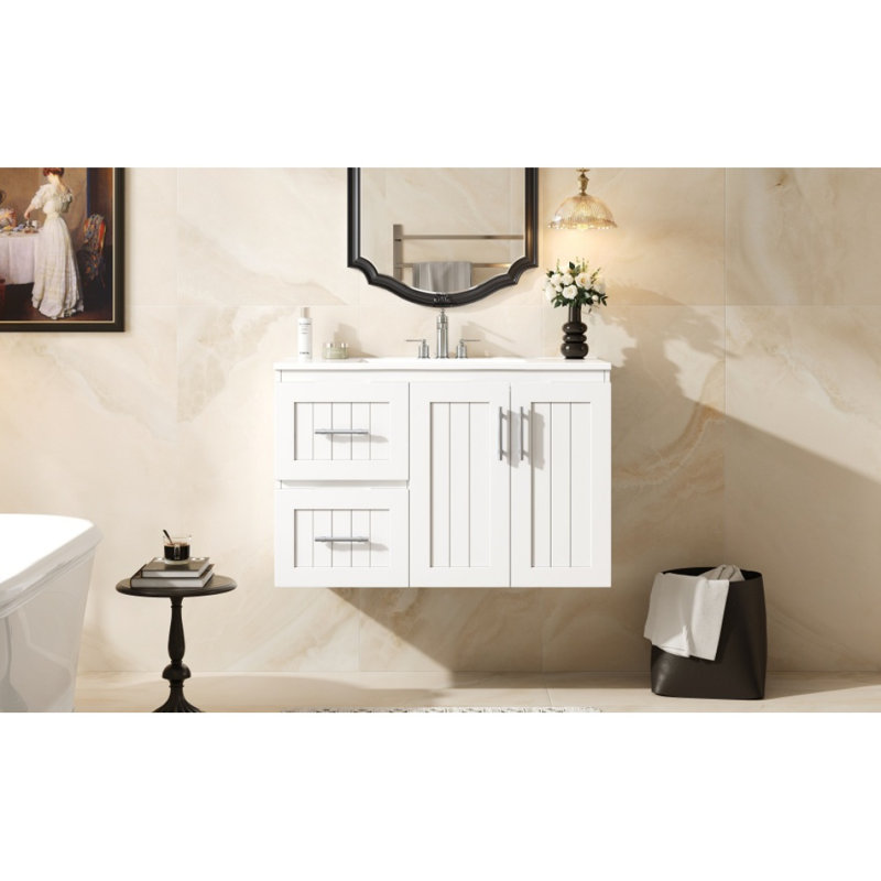 Meuble-lavabo mural 36 po, armoire de rangement flottante avec 2 tiroirs, lavabo simple en céramique 3 trous, armoire moderne avec tablette réglable
