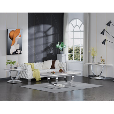 3 Pieces Living Room Table Set, White Faux Marble Coffee Table with 1 End Side Table & 1 Console Table, Modern Coffee Table Set of 3 with Stainless Steel Base for Apartment Home Office