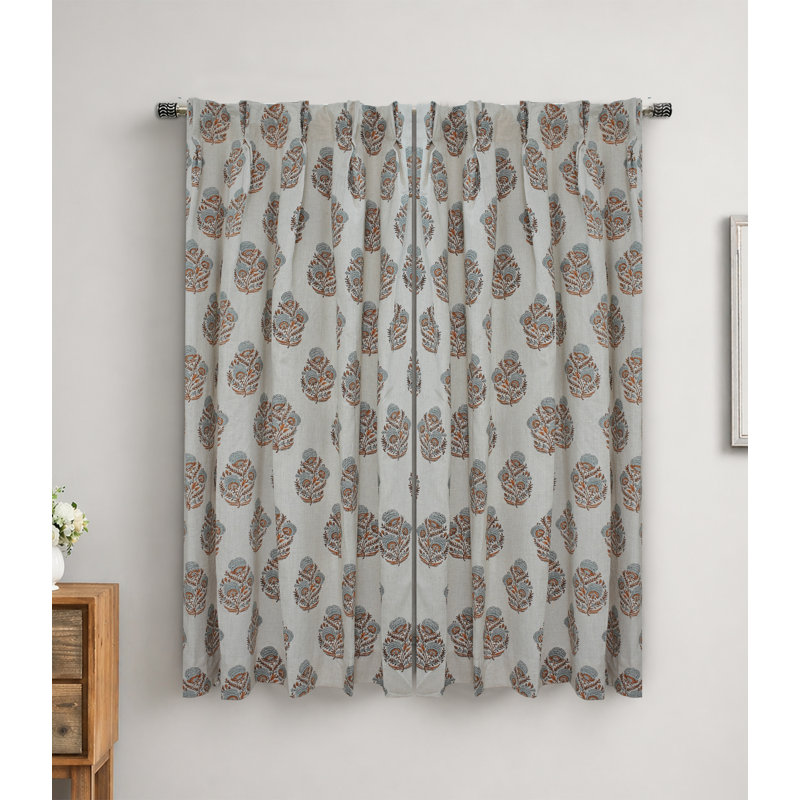 Handmade Linen Pleated Curtains – Gray Brown Floral Block Print Drapes for Living Room, 54" W X 57" L