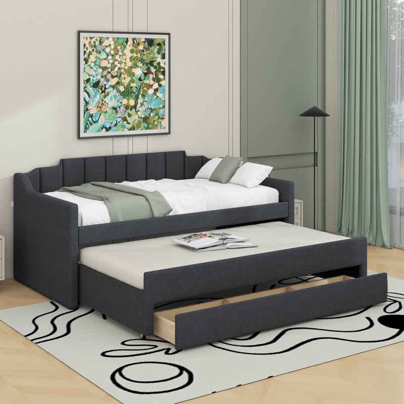 Twin Size Upholstered Daybed With Trundle And Drawers, Gray